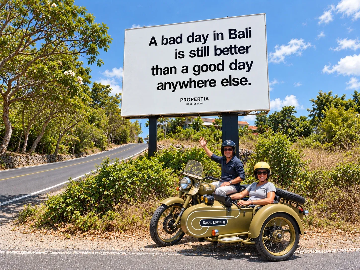 Two smiling guests with the complete Royal Enfield sidecar beside a Bali roadside sign